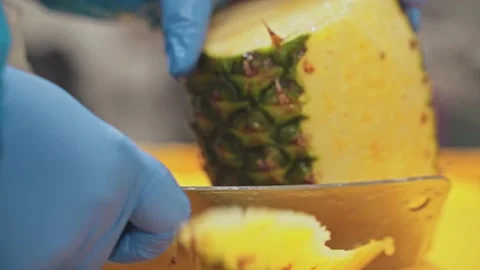 Pineapple cutting Preparing Fruit Salad Kitchen Factory Woman Hands Close Up Stock-Footage 171976406