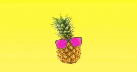 Pineapple dancing with pink glasses yellow background for beach party Stock Footage 91506580