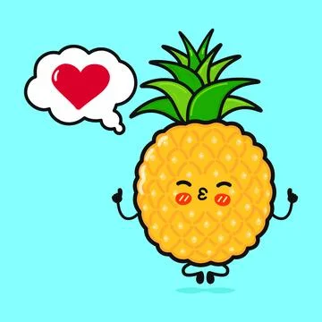 Pineapple doing yoga with speech bubble. Vector hand drawn cartoon kawaii c.. Stock Illustration