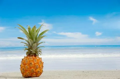 Pineapple on exotic beach Stock Photos