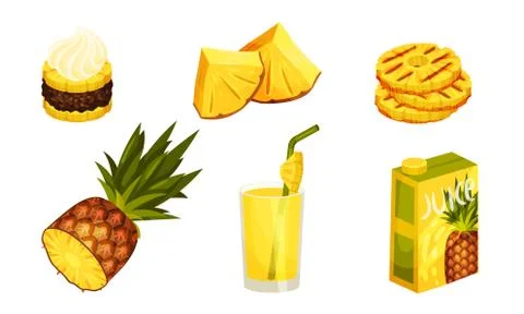 Pineapple Exotic Desserts And Drinks Isolated On White Background Vector Set Illustrazione stock