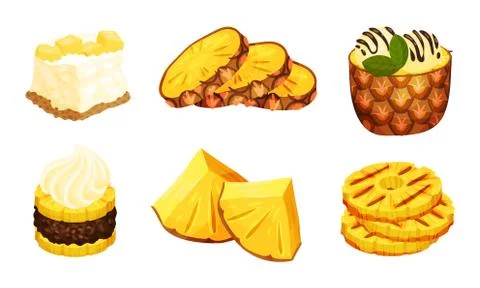 Pineapple Exotic Desserts And Drinks Isolated On White Background Vector Set Illustrazione stock