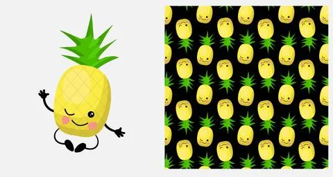 A pineapple. Exotic fruit. citrus character and seamless pattern. Vector illu Illustrazione stock