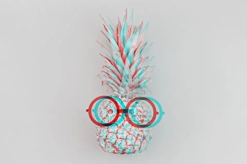 Pineapple face with glasses on gray background with glitch effect 写真素材