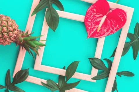 Pineapple, flower and leaves frames on mint background Stock Photos
