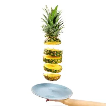 Pineapple fresh ananas. Pineapple sliced, levitates in the air. Concept of su Stock Photos