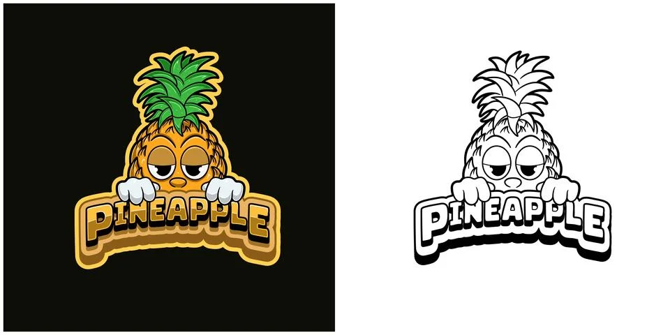 Pineapple fruit cartoon logo with  text and a high expression. Full color a.. Stock Illustration
