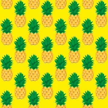 Pineapple fruit contour abstract seamless pattern on yellow background Stock Illustration