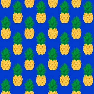 Pineapple fruit contour abstract seamless pattern on blue background Stock Illustration