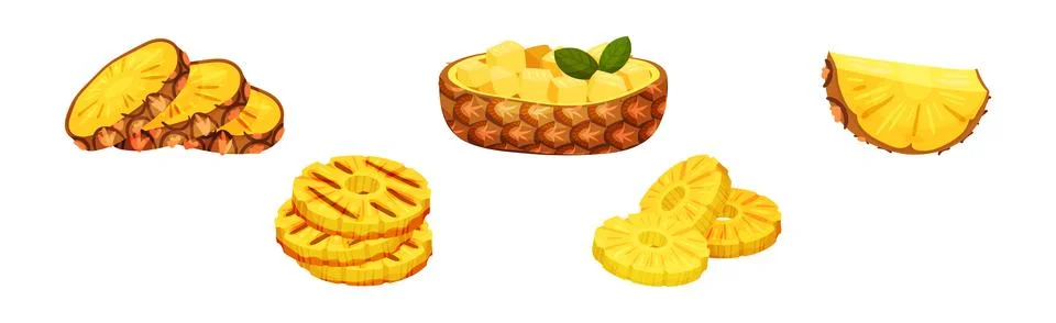 Pineapple Fruit Dessert with Ring and Cubes Vector Set Stock Illustration