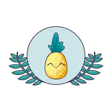 Pineapple fruit fresh kawaii in frame circular with leafs 스톡 일러스트