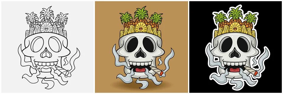 Pineapple Fruit Inside Skull Head With Smoking Character Cartoon. Black Whi.. Stock Illustration