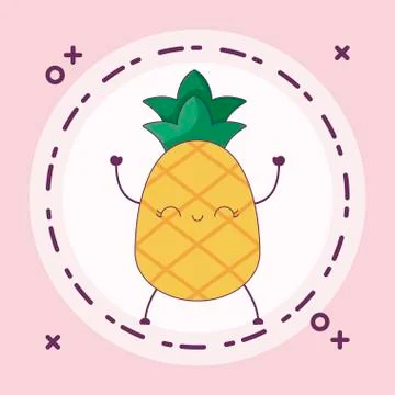 Pineapple fruit kawaii character in frame circular 스톡 일러스트