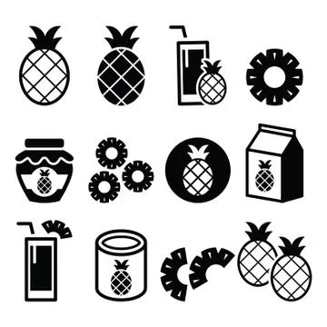 Pineapple fruit, pineapple slices, juice vector icons set Stock Illustration