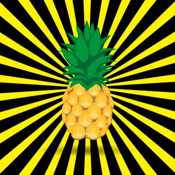Pineapple fruit seamless pattern on yellow black radiating lines background Stock Illustration