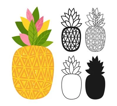 Pineapple fruit symbol cartoon set juicy whole pineapple linear doodle icon Stock Illustration