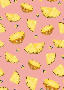 Pineapple fruits slice seamless pattern on pink background. Summer background Stock Illustration