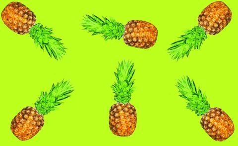 Pineapple on green background, exotic pattern, colorful ananas Stock Photos