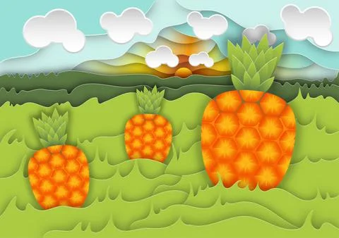 Pineapple on a green meadow, mountain range, sun, sky, and clouds, Paper cut Stock Illustration
