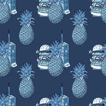 Pineapple, hamburger and vintage cell phone seamless pattern イラスト素材