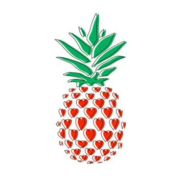 Pineapple in hearts. Line icon pineapple with leaves. Stock Illustration