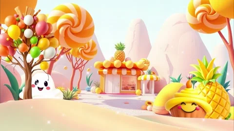 Pineapple house scene with happy ghost and candy Stock-Footage 296782942
