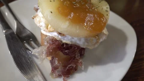 Pineapple with jelly, egg, bacon and goat cheese Stock Footage 314461800