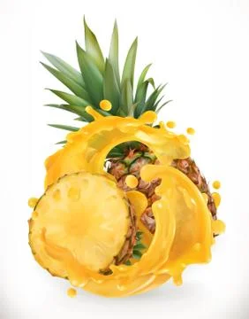 Pineapple juice. Fresh fruit. 3d realism, vector icon Stock Illustration
