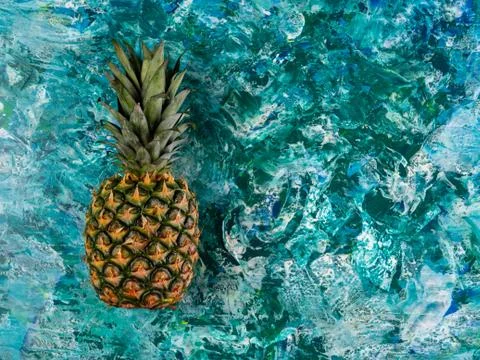 Pineapple lay on teal blue background Stock Photos