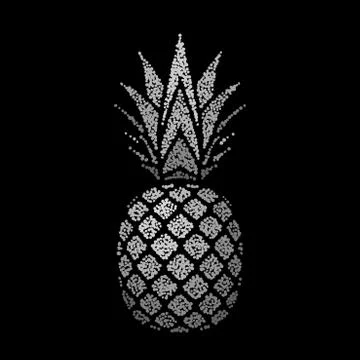 Pineapple with leaf. Tropical silver exotic fruit isolated black background.  스톡 일러스트