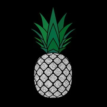 Pineapple with leaf. Tropical silver exotic fruit isolated black background.  Illustrazione stock