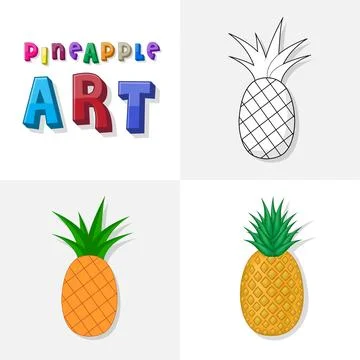 Pineapple line art, flat, realistic 스톡 일러스트