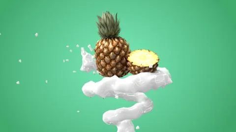 Pineapple with liquid splash in green background 3d render Illustrazione stock