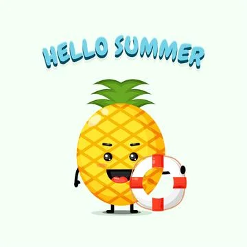 Pineapple mascot carrying a float with summer greetings Stock Illustration