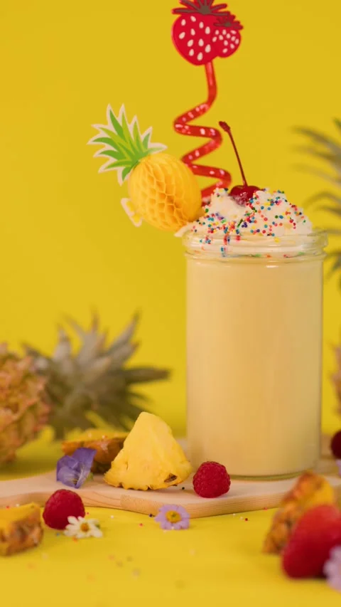 Pineapple Milkshake Topples Amid Fresh Fruit and Bright Background Stock Footage 321509219