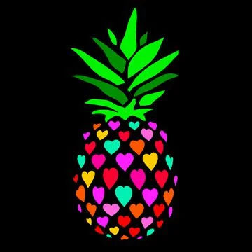 Pineapple. Multicolored pineapple in hearts on black background. Stock Illustration