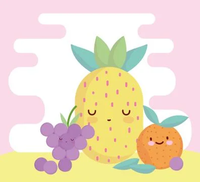 Pineapple orange and grapes menu character cartoon food cute Stock Illustration
