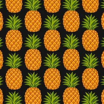 Pineapple Pattern on Black Background Tropical Fruit Vector Repeat Design Illustrazione stock