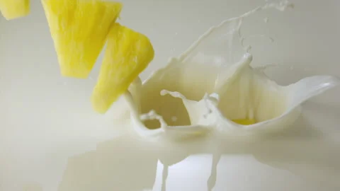 Pineapple pieces falling in milk and splashing Stock Footage 149434321