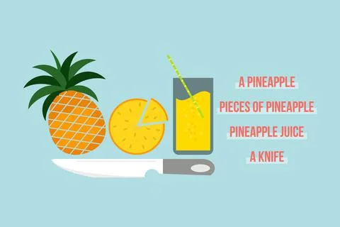 A pineapple, pieces of pineapple fruit, juice in a glass, and a knife Stock Illustration