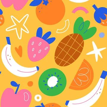 Pineapple print, tropical fruit background, banana, kiwi, strawberry, orange Stock Illustration
