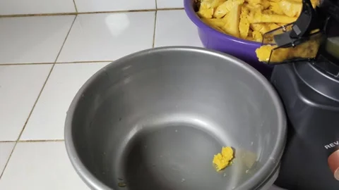 Pineapple pulp coming out of a juicer. Juicers are used to separate the jui.. Vídeos de archivo 341956227