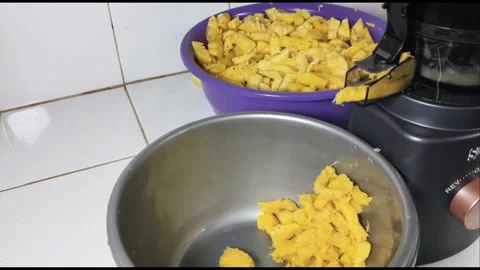 Pineapple pulp coming out of a juicer. Juicers are used to separate the jui.. Stock Footage 341956506