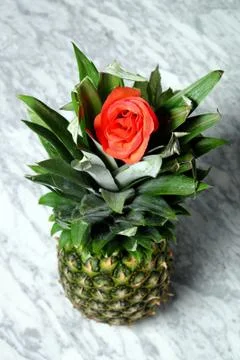 Pineapple with red roses on a marble table, fruits, tropical flowers 스톡 사진
