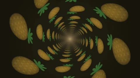Pineapple rotation in a dark tunnel with green leaf accents Stock Footage 339096182