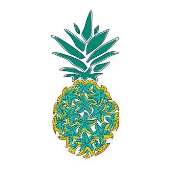 Pineapple with sea stars. Vector illustration isolated on white background, logo Stock Illustration