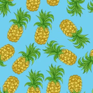 Pineapple seamless pattern in the cartoon style on a blue background Stock Illustration