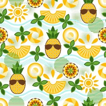 Pineapple seamless pattern with design elements in simple geometric style 스톡 일러스트