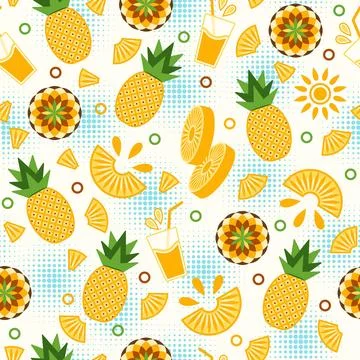 Pineapple seamless pattern with design elements in simple geometric style Illustrazione stock