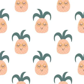Pineapple seamless pattern. Funny tropical characters with happy faces. Vector Stock Illustration